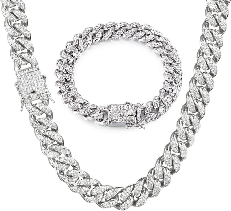 GIHENHAO Cuban Link Chain for Men,Silver Necklace and Bracelet,Miami Cuban Chains,Bling Diamond Chain for Hip Hop Jewelry - Image 1